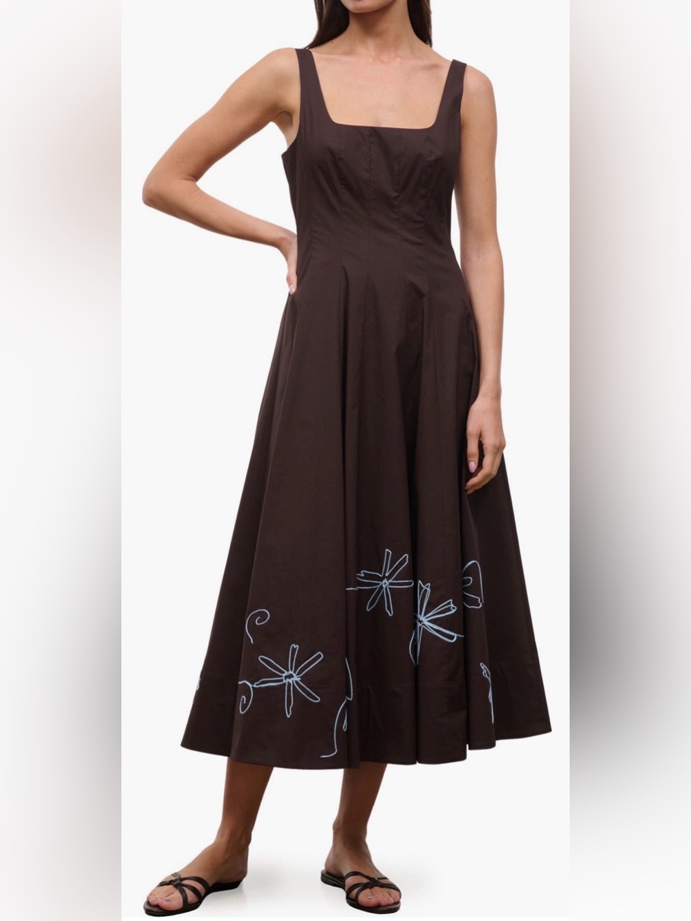 STAUD Wells Midi Dress Floral Stitch A- Line Size 10